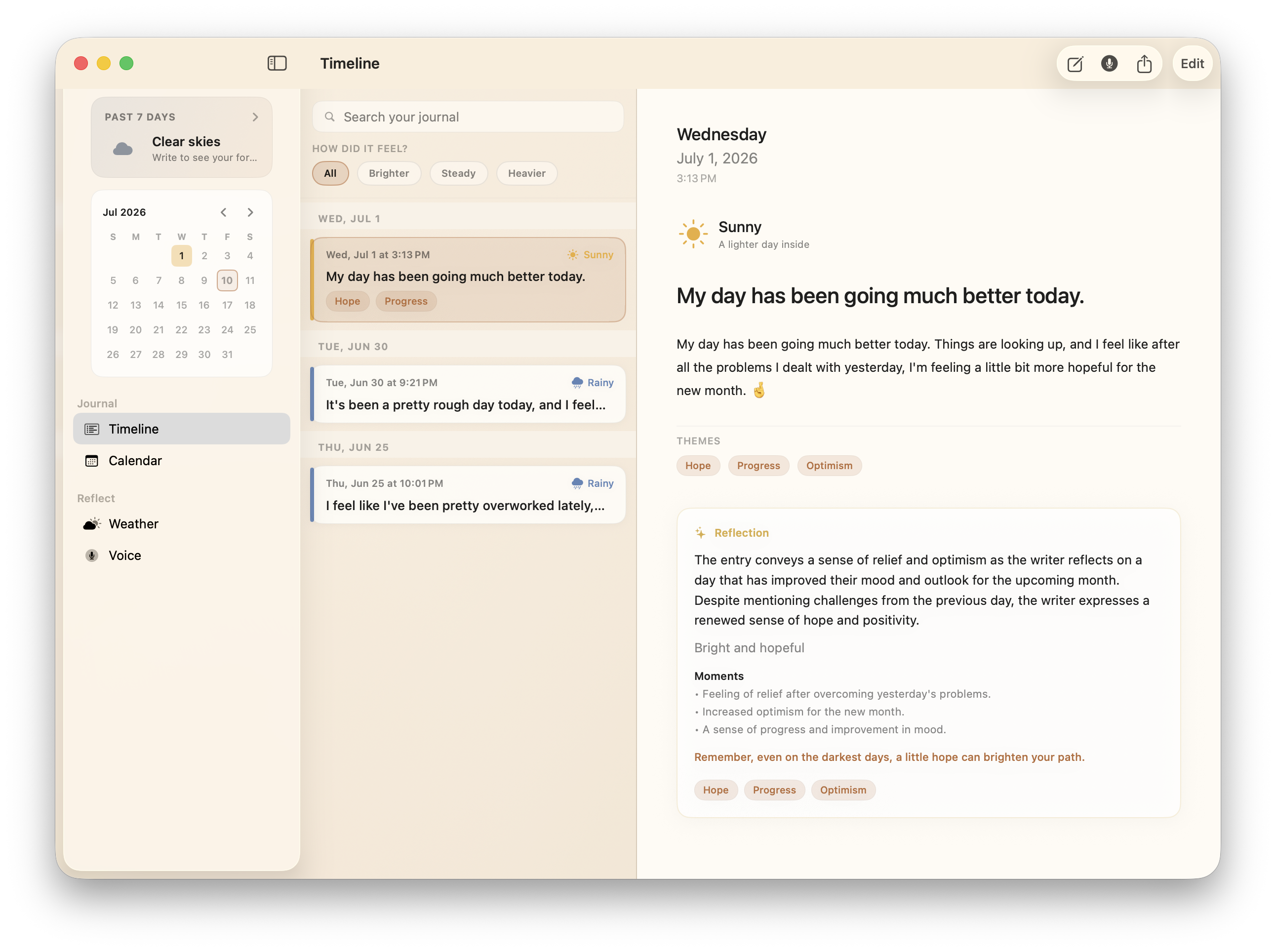 VoxThermic Timeline — journal entry with mood, themes, and on-device AI reflection