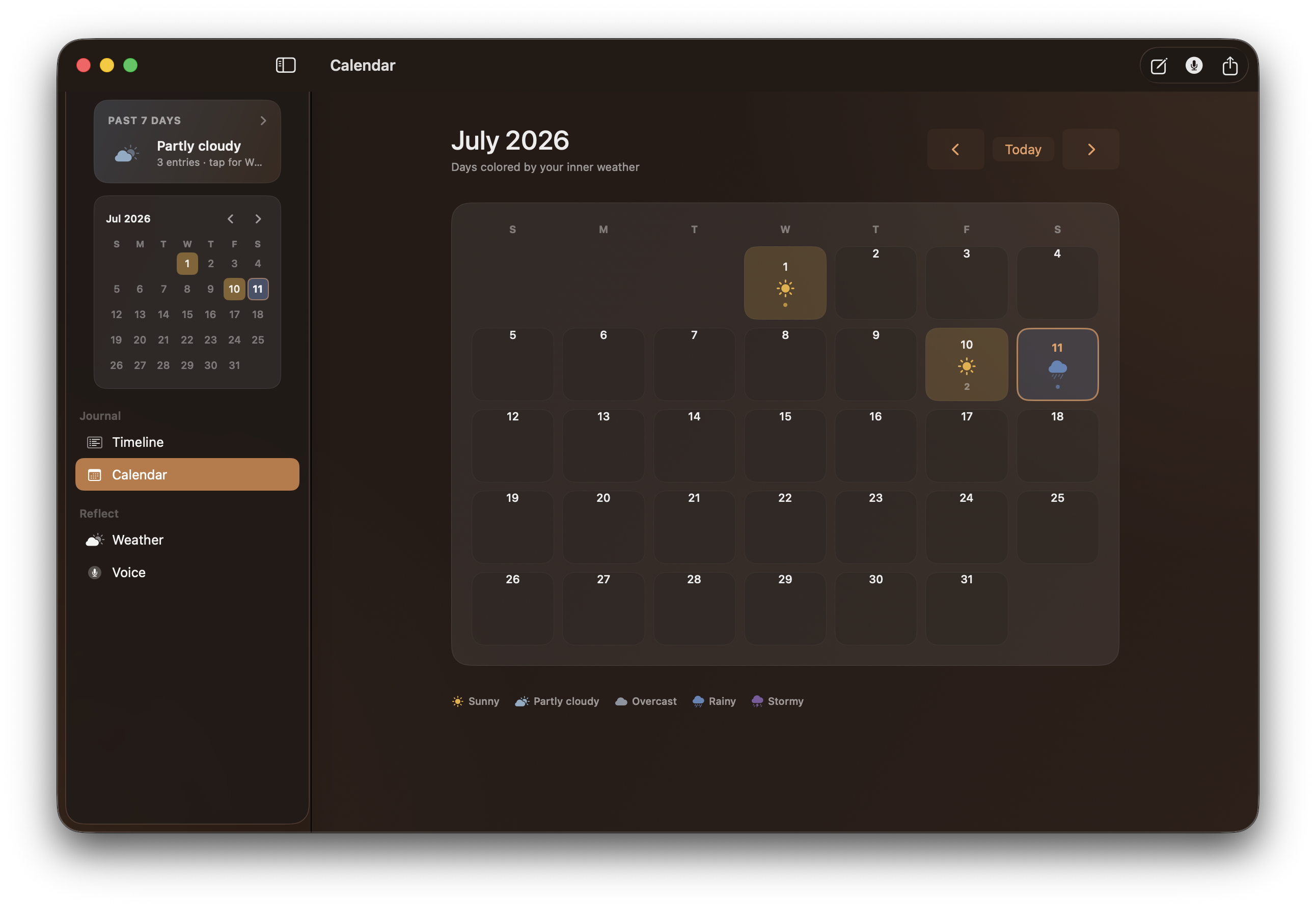 Calendar month view with days colored by emotional weather from sunny to stormy