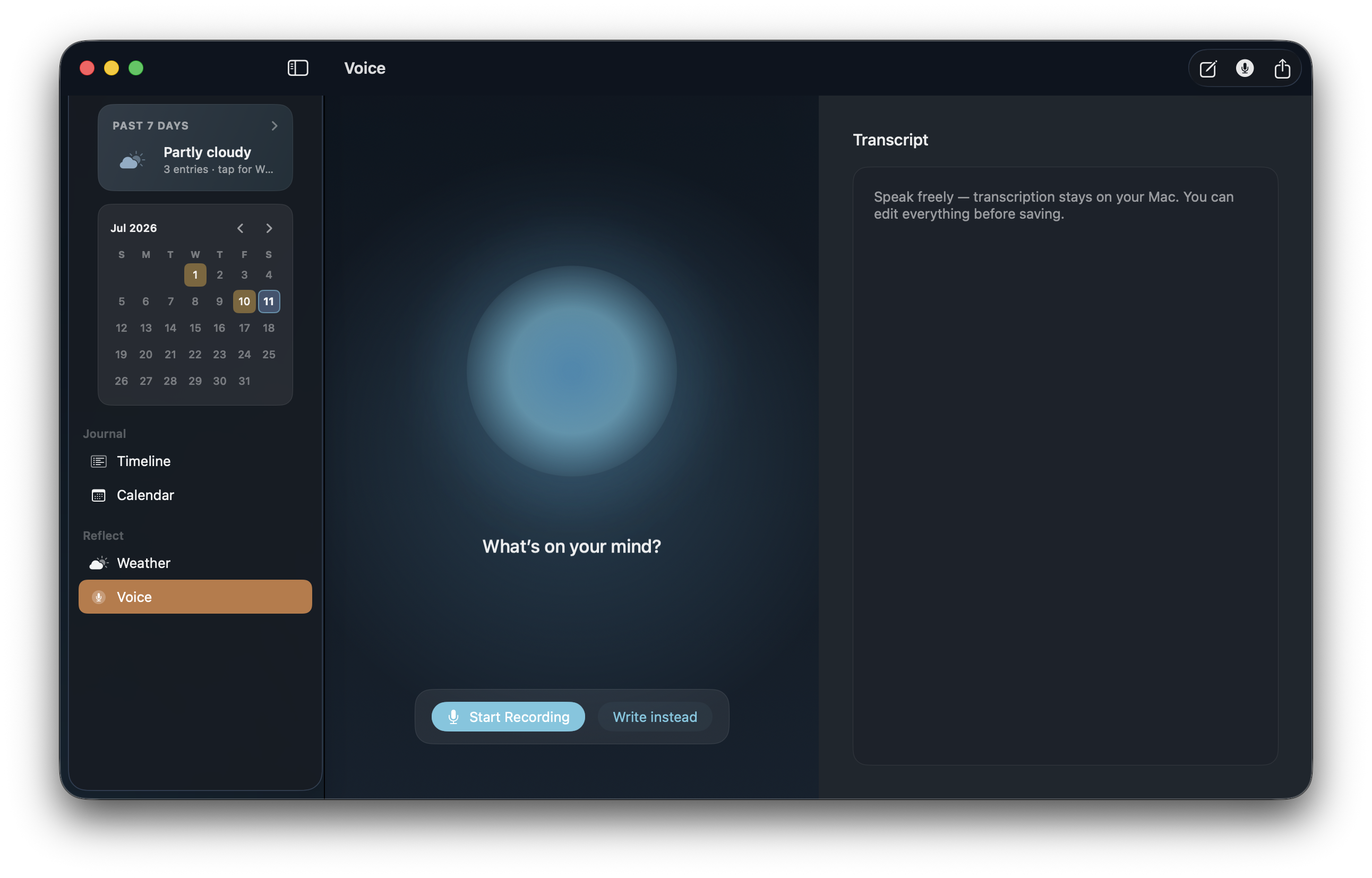 Voice mode with the glowing Voice Orb, Start Recording, and private on-Mac transcript panel